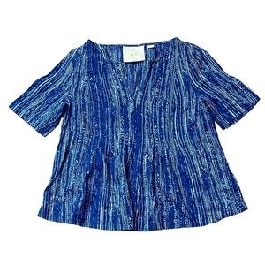 Maeve Anthropologie 6 Blue White Short Sleeve Cotton Gauze Short Blouse Top